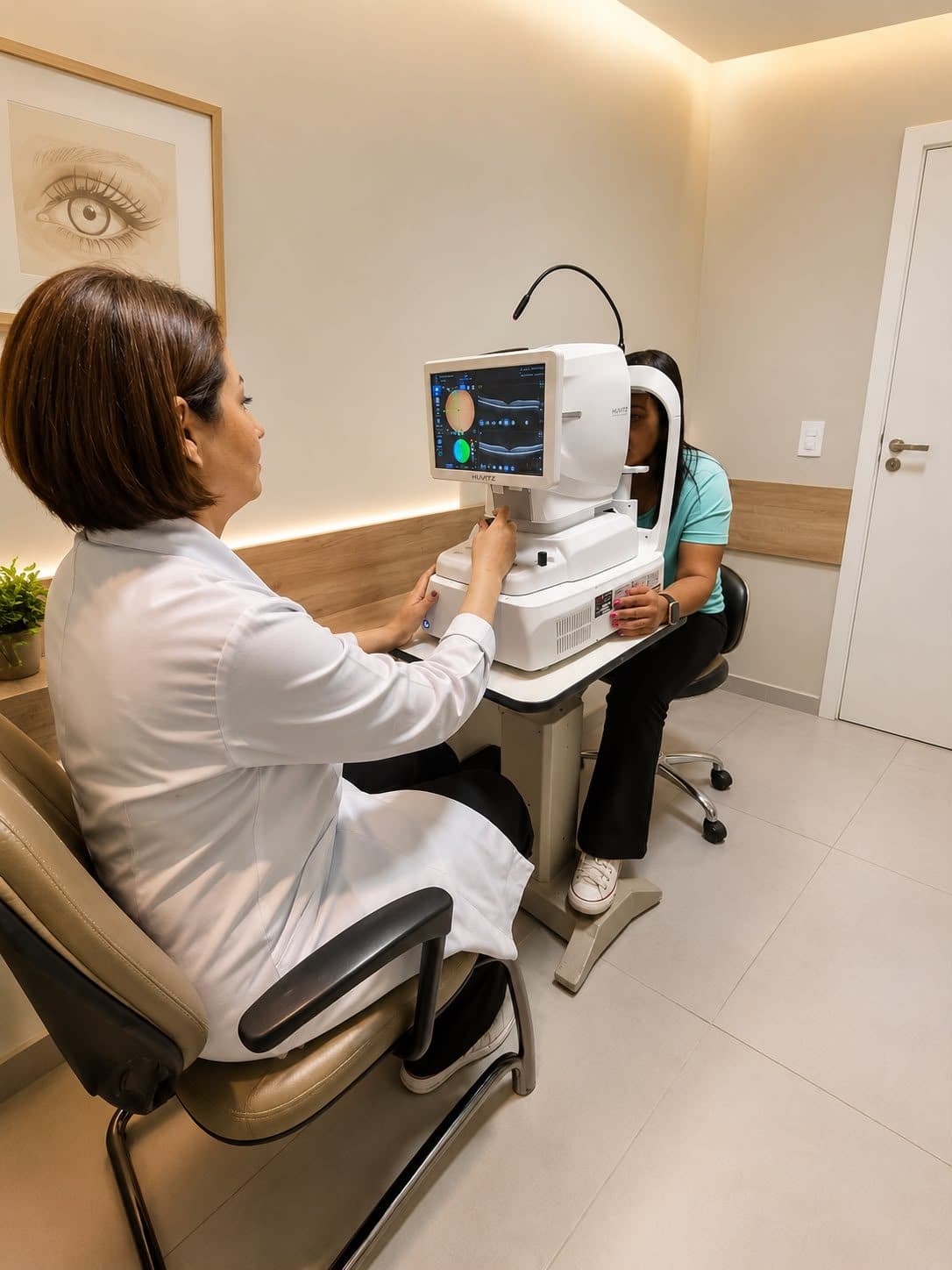 Profissional realizando exame oftalmológico em paciente com equipamento de diagnóstico na Nova Campinas Oftalmologia