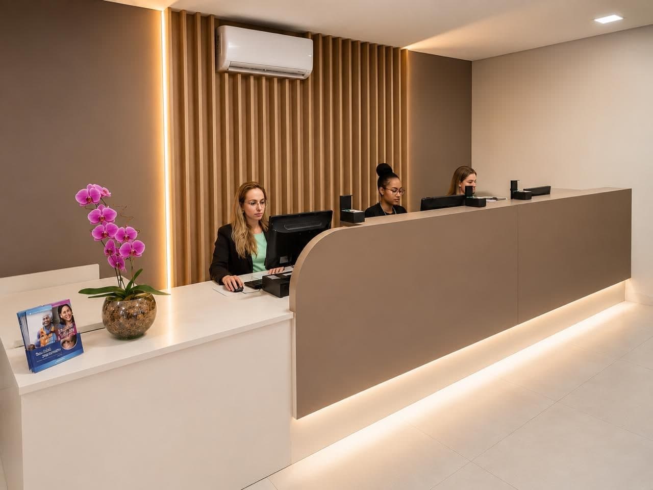Recepção da Nova Campinas Oftalmologia com balcão de atendimento e equipe recebendo pacientes